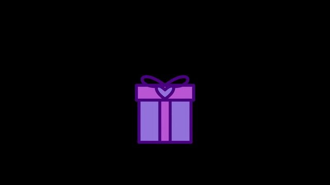 Purple striped gift box with bow floating up and down on black background flat animation