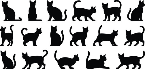 Fototapeta premium A collection of fifteen black cat silhouettes in diverse poses such as walking, sitting, and standing, isolated on a white background, for various applications