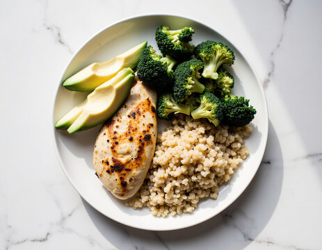 Healthy Meal Prep Plate with Grilled Chicken Breast, Steamed Broccoli, Couscous, and Avocado Slices