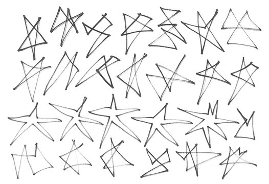 Grunge scribble various stars, black marker isolated on white background, clipping path, design element
