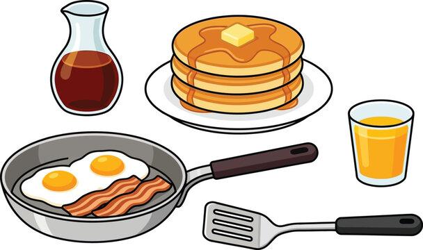 Traditional Breakfast Vector Icon Set with Pancakes Syrup Fried Eggs Bacon in Pan Orange Juice and Spatula for Menu Design and Culinary Projects