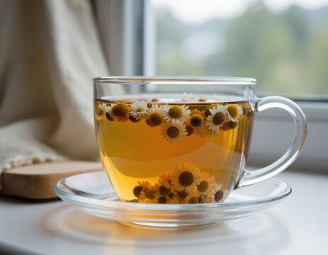 Transparent Glass Cup of Chamomile Tea with Floating Flowers on Windowsill