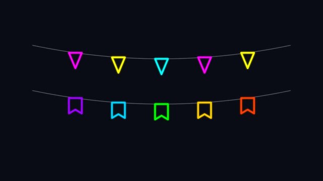 Colorful triangle bunting flags and ribbon markers appearing on black background party decoration