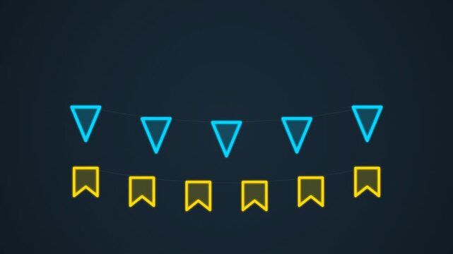 Blue triangle bunting flags and yellow bookmark ribbons appearing on dark blue background