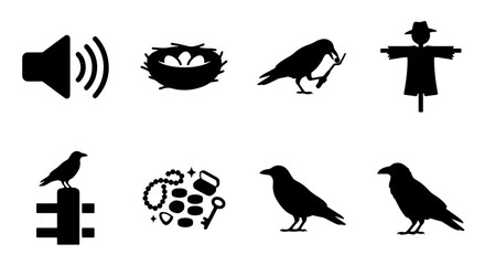 Fototapeta premium Crow Silhouette Icons, Bird Nest, Scarecrow, Sound Symbol, Keys, and Fence Post Vector Set. Minimalist Black Graphics for Autumn and Halloween Themes.