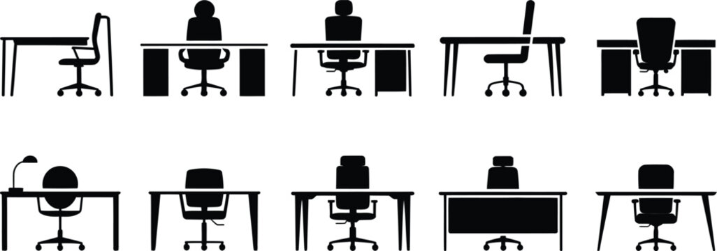 A collection of ten black silhouette showing various office desk and chair combinations, featuring different styles of furniture for a workspace on a white background