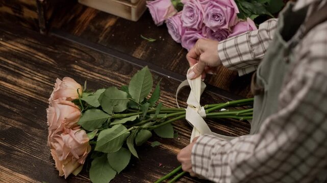 Young adult Caucasian woman tying ribbon around bouquet of peach roses on wooden table, high angle view. Video is ideal for floristry tutorials, small business promotions, and wedding advertisements