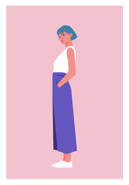 Young woman with blue bob haircut and glasses standing in profile, wearing a white sleeveless top, purple wide-leg trousers, and white sneakers. Flat vector illustration on a pink background