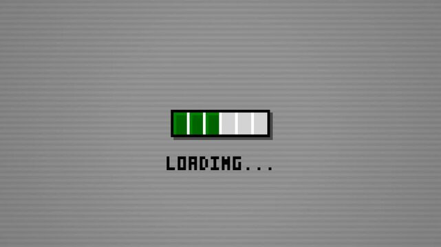 Retro pixel loading bar green progress filling with loading text on gray background