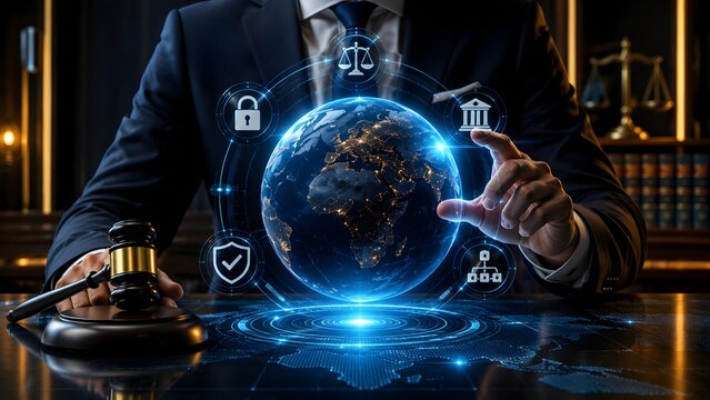 Legal professional interacting with a futuristic global network interface, highlighting international law, digital justice, data protection, and global regulatory compliance.