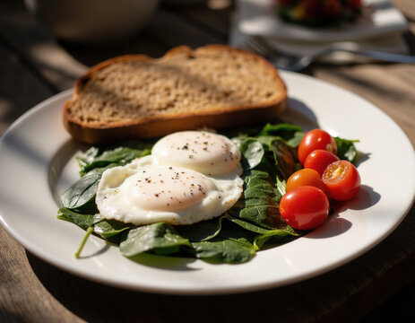 Healthy breakfast plate with poached fried eggs fresh spinach cherry tomatoes and whole wheat toast top view