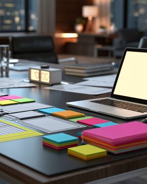 Cybersecurity tabletop exercise kit with laptop and sticky notes on meeting table