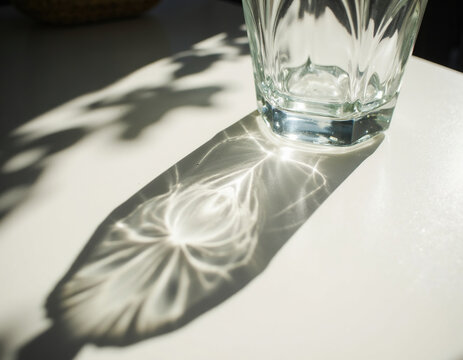 Crystal glass with natural sunlight refraction and floral shadow pattern on white table surface mockup background