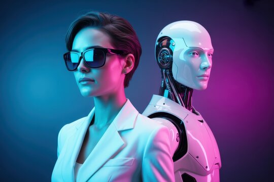Business woman wearing stylish sunglasses standing beside a white humanoid robot against a vibrant dual tone pink and blue neon background
