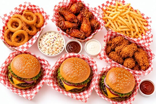 Fast food meal with burgers chicken fries onion rings and dipping sauces