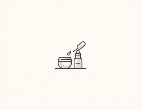 Minimal skincare products icon set featuring cosmetic jar serum bottle and dropper line illustration isolated on off white background