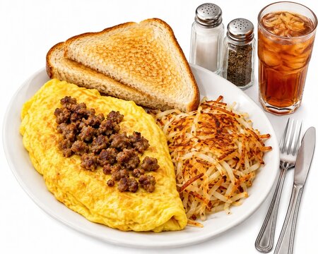 Delicious breakfast omelet with toast hash browns and iced tea on a plate