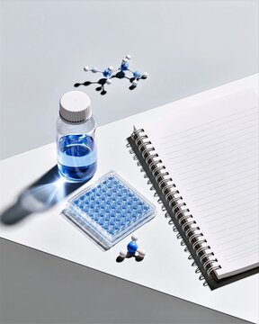 Laboratory Multiwell Plate with Molecular Models, Blue Liquid, and Notebook