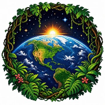Pixel art Earth globe surrounded by lush green tropical jungle vines