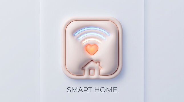 3D Smart Home Heart Icon with Wi-Fi Waves