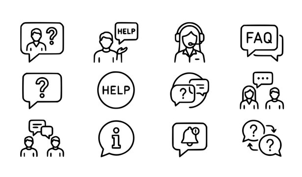 FAQ customer support line vector icon set with question mark, chat, help center and user avatar