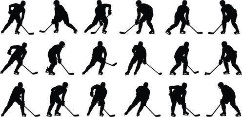 Fototapeta premium Collection of eighteen black silhouettes of ice hockey players in various action poses, skating and holding sticks, isolated on a white background