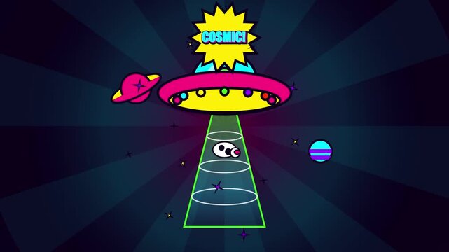 Colorful 2D Animation Featuring a Whimsical Flying Saucer Abducting a Strange Creature in Deep Outer Space Amidst Vibrant Planets and Neon Stars