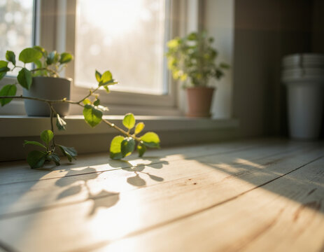 Potted houseplants on wooden window sill with warm morning sunlight background and copy space