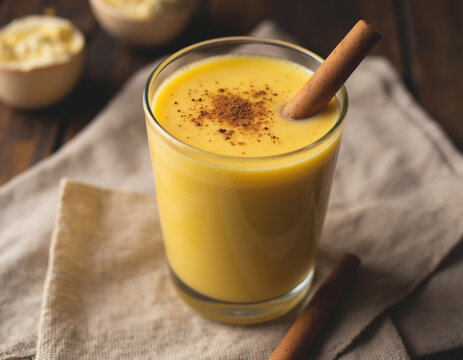Glass of golden turmeric milk with cinnamon stick garnish on linen napkin healthy beverage concept
