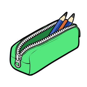 Cute cartoon green zipper pencil pouch with colored pencils illustration isolated on transparent background