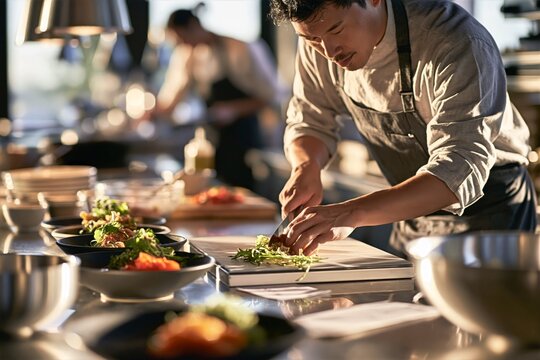 Restaurant chef preparing an allergen-safe meal at a commercial kitchen counter