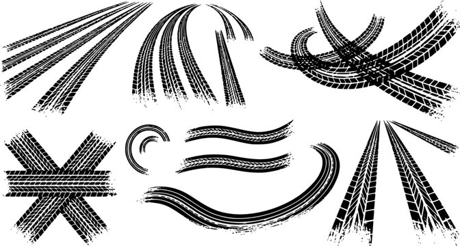 Tire tread marks after skidding, launch, drift, powerslide in motorsport, rally, off-road, motocross. Wheel texture with splash effect. Vector, transparent EPS version.