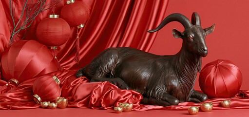 Naklejka premium Festive Lunar New Year display featuring a bronze goat statue with red silk and golden lantern decorations.