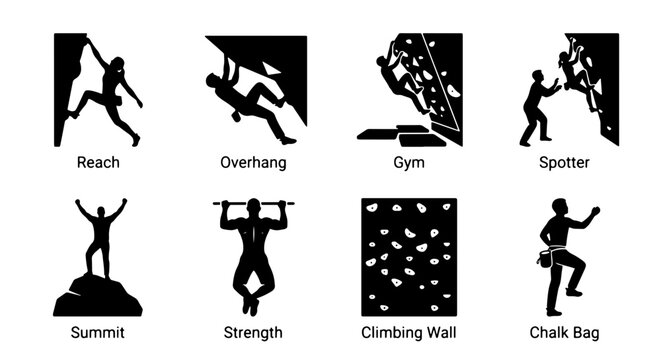 Climbing Icons Set: Silhouette Vector Graphics for Outdoor Adventure, Sports, and Fitness Concepts. Includes Reach, Overhang, Gym, Spotter, Summit, Strength, Climbing Wall, Chalk Bag.