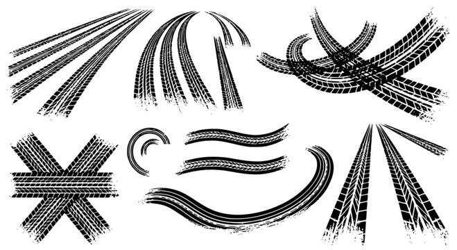Tire tread marks after skidding, launch, drift, powerslide in motorsport, rally, off-road, motocross. Wheel texture with splash effect. Vector, transparent SVG version.