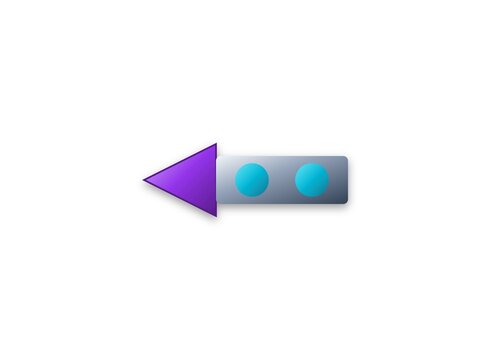Purple triangular arrow pointing left with two blue circles on the base