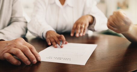 Hands, couple and lawyer at house with document, application and legal form for last will. People,...