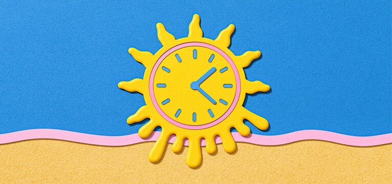 On a sunny beach, a melting sun-shaped clock symbolizes the flow of time during summer relaxation.