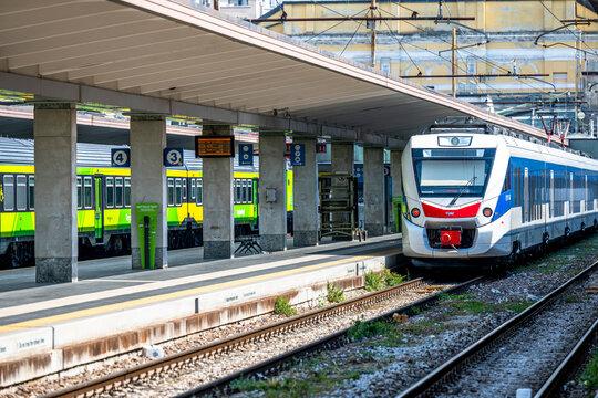 Trieste, Italy - August 6, 2026: Regional passenger train ETR 563 standing at the covered platform of Trieste Centrale railway station.