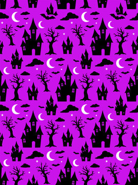 Seamless halloween pattern with haunted castles, spooky trees, bats, and crescent moons on purple background