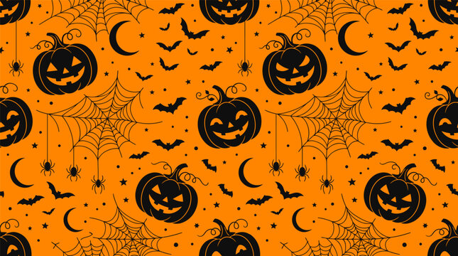 Seamless halloween pattern with pumpkins, bats, spiders, and webs on orange background