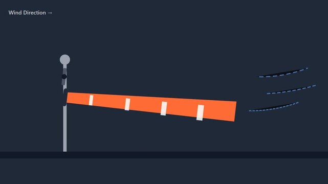 Minimalist illustration of a windsock indicating wind direction and speed.
