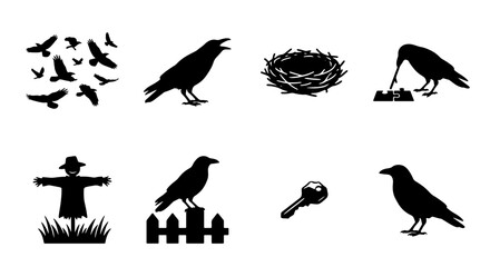 Fototapeta premium Crow Icons Set: Silhouette Birds, Nest, Scarecrow, Key, and Fence Vector Graphics for Autumnal and Gothic Themes