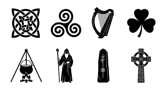 Celtic Knot, Triskele, Harp, Shamrock, Cauldron, Wizard, Rune Stone, Cross Icons: Irish Heritage Symbols Vector Set