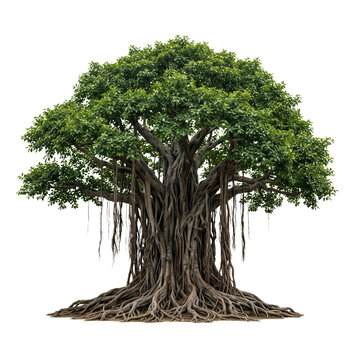 Ancient Banyan Tree with Massive Aerial Roots on transparent background