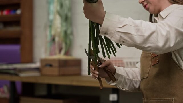 Young adult Caucasian female florist trimming stems of roses with shears while colleague watching and smiling. Perfect for promoting floral design workshops or small businesses