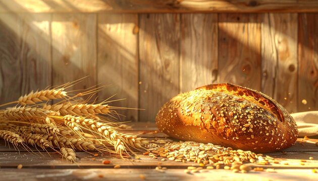 Freshly Baked Rustic Bread with Wheat and Grains on Wood.