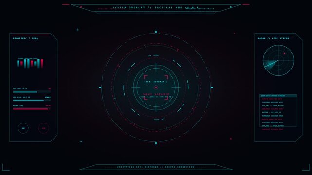 Futuristic Digital Radar HUD Interface with Rotating Targeting Reticle and Code Stream