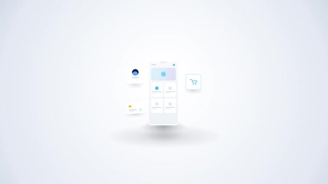Modern 3D render of a mobile application user interface featuring floating e-commerce shopping elements on a clean minimalist white background