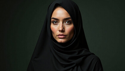 Naklejka premium Studio portrait of beautiful young Muslim woman in traditional black hijab looking at camera on dark background